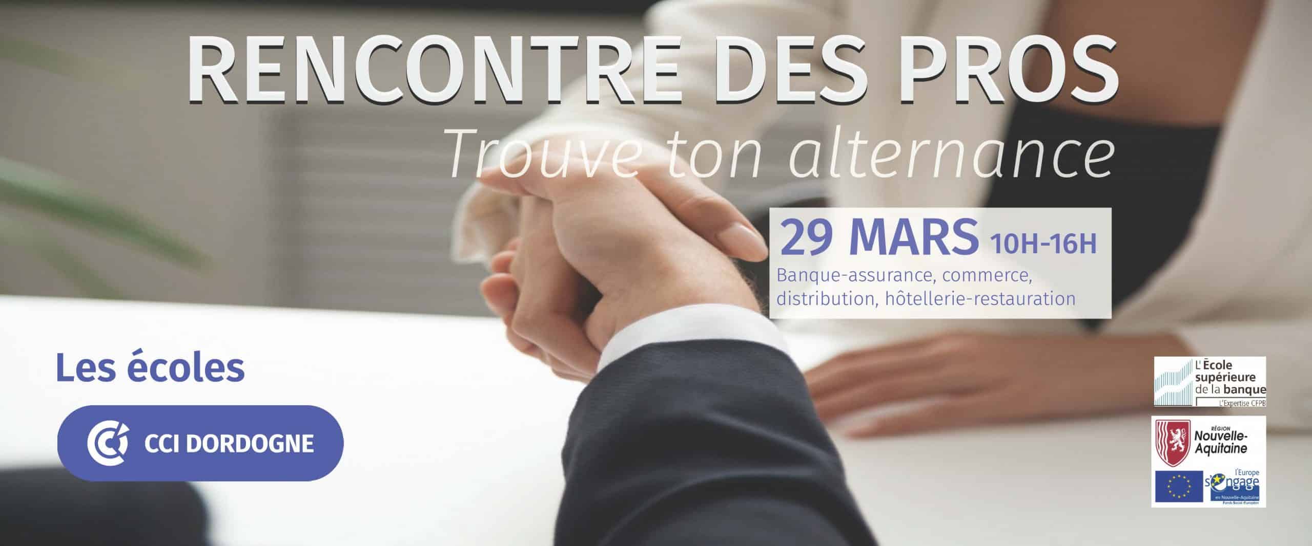 Une rencontre des pros spécial alternance est organisé aux Écoles CCI Dordogne le 29 mars de 10H à 16H pour mettre en relation jeunes et entreprises ! Tu veux devenir banquier, assureur, cuisinier, chef de rang, vendeur, community manager, responsable commercial, responsable de rayon, réceptionniste, serveur en restaurant, chef de secteur, manager hôtelier, employé libre-service, conseiller de vente, ... etc. ?  Tu es phénoménal, tu as un peu d’égo, tu as du goût, tu es déjà accro au boulot, et surtout tu es bien décidé à booster ton destin ? Bienvenue chez toi aux Écoles CCI Dordogne et dans nos entreprises partenaires ! Plus qu’une chose à faire : balance ton CV et inscris toi en ligne pour participer au job dating !